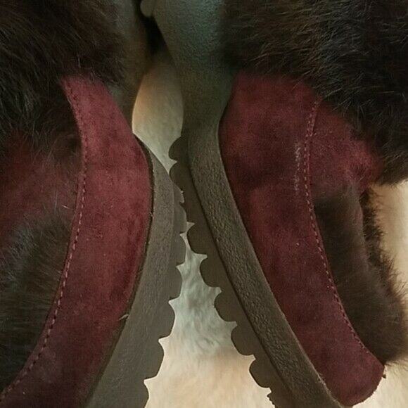 Coach Kaela Size 8 Burgundy Suede Rabbit Fur Wedge Mules - Picture 8 of 8